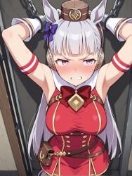 ai_generated animal_ears costume ear_muffs female gold_ship_(umamusume) horse_girl long_hair pink_eyes ribbon_in_hair silver_hair umamusume umamusume_pretty_derby