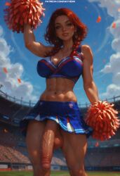abs ai_generated big_balls big_breasts big_penis blue_eyes braid braids breasts cheerleader cheerleader_outfit cheerleader_uniform dickgirl dickgirl_only earrings flaccid flaccid_penis futa_focus futa_only futanari huge_cock looking_at_viewer nayvenn necklace red_hair self_upload skirt skirt_up smile stable_diffusion sunny sunshine