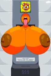 big_breasts breasts busty female glory_hole glory_wall glossy open_mouth orange_skin plants_vs_zombies solar_flare_(peargor) solar_flare_(pvz) tongue_out