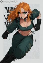 ai_generated black_footwear black_gloves black_lips boots breasts cleavage collar crop_top cros-laced_footwear dota_2 female fingerless_gloves freckles gloves green_eyes green_pants jacket long_hair looking_to_the_side makeup medium_breasts midriff navel orange_hair panties pants solo spiked_collar spikes underwear windranger