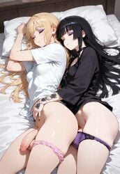 2futas ai_generated ass balls big_penis black_hair blonde_hair cuddling flaccid from_above futa_only futanari goth goth_futa goth_girl_(jamesbron) hime_cut hime_girl_(jamesbron) intersex jamesbron large_penis long_hair lying on_bed on_side panties panties_around_one_leg panties_down panty_pull penis sleeping small_breasts tattoo thighs