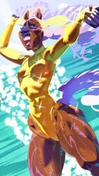 9:16 animal_humanoid blonde_hair brown_body clothing digital_media_(artwork) equid equine female flat_chested golden_week hair hi_res horse humanoid kenno_arkkan mammal mary_(my_life_with_fel) my_life_with_fel one-piece_swimsuit seaside smile solo swimwear