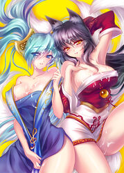 2girls ahri animal_ears aqua_hair bare_shoulders black_hair blue_eyes blush breasts cleavage cum detached_sleeves large_breasts league_of_legends long_hair looking_at_viewer low_neckline multiple_girls multiple_tails open_mouth s-yin shiny shiny_skin sona_buvelle tail tied_hair twintails very_long_hair yellow_background yellow_eyes