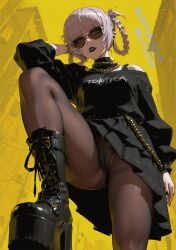 ai_generated artifactglitch bra_strap braided_hair braids call_of_the_night cameltoe high_heel_boots nanakusa_nazuna pantyhose platform_boots skirt sunglasses tinted_eyewear yofukashi_no_uta
