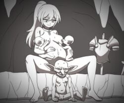 after_birth armor armor_stand balls bodily_fluids breastfeeding breasts cave censored chains collar comic contemplating eyelashes female female_human genitals goblin hair hands_on_ground happy hi_res hippo_power human humanoid larger_female larger_human long_hair male male/female male_humanoid mammal melee_weapon monochrome mosaic_censorship nipples nude nude_female nude_male penis pregnant sitting size_difference smaller_humanoid smaller_male spread_legs spreading sweat sword umbilical_cord weapon