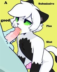 absurd_res anthro black_body black_ears black_fur black_fur_markings black_tail blizzardfur blizzardfur-maxxx blush bodily_fluids drinking drinking_urine duo english_text erection eyelashes fellatio fur genital_fluids genitals green_eyes hi_res kneeling kneeling_oral_position lgbt_pride male male/male oral paws peeing penile penis penis_in_mouth pride_colors sex simple_background solo steam tail text urine urine_in_mouth urine_on_fur watersports wetting white_body white_fur yellow_background