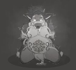 anthro aroused balls belly big_balls big_moobs bodily_fluids bondage bondage bound canid canine canis cempasuchil_(character) claws clothing coyote dripping genital_fluids genitals hair hi_res jockstrap leaking_precum long_hair looking_at_viewer male mammal markings moobs nipples on_ground paws ponytail precum precum_drip scared shaking solo submissive tattoo tonkotsu_spicy_noodle tremble_spikes trembling underwear white_clothing white_jockstrap white_underwear