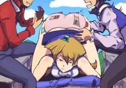 1girls 2boys alexis_rhodes anger_vein angry annoyed annoyed_expression ass ass_grab ass_up blonde_hair breasts brown_eyes brown_hair card clothing day duel_academy_uniform_(yu-gi-oh!_gx) elbow_gloves female funny gloves grabbing_another's_ass groping headwear holding_card immisterplow jacket jaden_yuki long_hair male mrplow34 multiple_boys outdoors panties pants pink_panties playing_card sex shirt skirt skirt_lift sky smile spanking straight teeth tenjouin_asuka top-down_bottom-up underwear uniform yu-gi-oh! yu-gi-oh!_gx