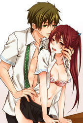 1boy 1girls blush bra bra_pull breasts brown_eyes brown_hair clothed_sex female free! green_eyes green_hair makoto_tachibana male male/female matsuoka_gou navel necktie nipples open_clothes open_shirt ponytail rio_(rio_01) school_uniform schoolgirl sex shirt short_skirt skirt straight tachibana_makoto tears tied_hair underwear