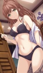 1girls ass_visible_through_thighs bad_id bad_twitter_id bang_dream! bare_shoulders black_bra black_panties bra breasts brown_hair brown_skirt closed_mouth clothes_pull collarbone cowboy_shot female green_eyes highres imai_lisa long_hair looking_at_viewer medium_breasts narafume navel off_shoulder open_clothes open_shirt panties ponytail shirt skirt skirt_pull smile solo spaghetti_strap stomach thighs underwear white_shirt