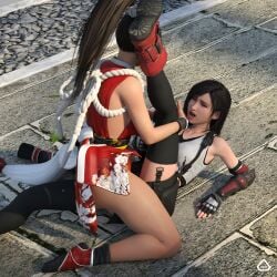 2girls anoral athletic_female breasts catfight crossover fatal_fury fight fighting final_fantasy final_fantasy_vii japanese_clothes king_of_fighters lesbian_sex long_hair mai_shiranui sports_bra tank_top tribadism wrestling yuri yuri