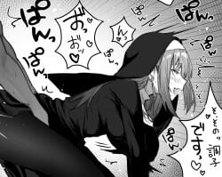 1boy blush breasts cowboy_shot dark-skinned_male dark_skin earrings female from_side greyscale highres jewelry large_breasts long_hair male monochrome nun original piratescat01 rena_(piratescat01) rolling_eyes sex sex_from_behind solo_focus speech_bubble