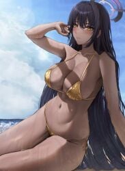 absurdres beach bikini black_hair blue_archive blush breasts closed_mouth coklatarte dark-skinned_female dark_skin female gold_bikini golden_week_bikini highres huge_breasts karin_(blue_archive) long_hair navel sitting solo swimsuit tan thighs wet