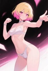 1girl 2d ai_assisted ai_generated anime_style bikini_top blonde_hair camera front gwenpool gwenpool_(fortnite) lightning marvel marvel_comics navel seductive semi_nude sexy_pose short_hair skinny_girl small_breasts stable_diffusion