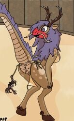absurd_res alina_(spe) anthro antlers arthropod ass barbel_(anatomy) bikini breasts brown_antlers brown_body brown_claws brown_fur brown_hooves claws clothing crab crustacean decapod deer dragon duo eastern_dragon female female_anthro feral flesh_whiskers fur gold_bikini golden_week hair hi_res hooves horn kirin long_tail malacostracan mammal mythological_creature mythological_scalie mythology purple_eyes purple_hair raised_tail rear_view rhp scales scalie side-tie_bikini string_bikini swimwear tail tan_body tan_scales two-piece_swimsuit undressing_crabs