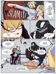 bandage black-framed_eyewear black_body blonde_hair blue_lipstick bob_cut body_pillow chess_piece dialogue eddie_brock emma_frost emma_frost_(marvel_rivals) empty_eyes english_text eyewear family_guy_death_pose funny glasses hair_ornament light-skinned_female light-skinned_male light_skin lipstick long_hair magik_(illyana_rasputin) magik_(marvel_rivals) marvel marvel_comics marvel_rivals medium_hair page_21 page_number pajamas sharp_teeth sitting speech_bubble spider-man_(series) stormrider symbiote teeth text thought_bubble under-rim_eyewear venom_(marvel) venom_(marvel_rivals) white_eyes x-men