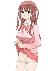 atarashi_ako blush bow bow_panties bowtie brown_hair cardigan dress_shirt female ichihisa lace-trimmed_panties long_hair looking_at_viewer miniskirt panties panty_pull pleated_skirt pussy ribbon saki saki_achiga-hen school_uniform shirt skindentation skirt skirt_lift smile solo standing tied_hair twintails two_side_up uncensored underwear white_background white_panties white_shirt