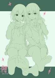 2girls barefoot blush feet female female_only foot_fetish foot_focus highres kusanagi_nene long_hair looking_at_viewer medium_hair monochrome multiple_girls ootori_emu open_mouth project_sekai soles toes
