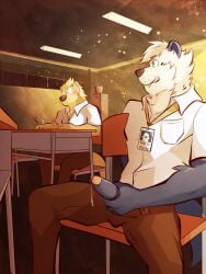 2025 absurd_res anthro arm_tuft blonde_hair blush bottomwear broken_object chair classroom clothed clothed_male clothing countershading desk digital_media_(artwork) duo exhibitionism fully_clothed fully_clothed_male fur furniture genitals green_eyes grey_body grey_fur hair half-erect hi_res holding_penis khaki_pants lanyard looking_at_another looking_at_another's_penis male male/male mammal marlo_olivar mustelid ollie_rios on_chair otter otter_tale pants pencil penis public river_otter school school_uniform sea_otter shaded shocked short_hair sitting sitting_on_chair table tan_body tan_fur tuft uniform ventkazemaru watermark whisker_spots whiskers white_body white_dress_shirt white_fur white_hair yellow_body yellow_fur