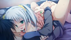 ass ass_grab bed black_hair blush breasts censored game_cg gray_hair grey_hair japanese_clothes nipples sesena_yau short_hair tears tied_hair timepiece_ensemble tsukiyono_chiara twintails yukata