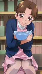 blue_cardigan blue_jacket books braid brown_eyes brown_hair cardigan character_request clothing crotch_seam dokidoki!_precure dress female haruyama_kazunori library long_hair looking_at_viewer panties panties_under_pantyhose pantyhose pink_dress precure pretty_cure pussy short_dress sitting smile solo tan_pantyhose white_shirt