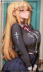 ai_generated blonde_hair blue_eyes blue_skirt blush breasts cuckingmama cum cum_on_body eyebrows_visible_through_hair female hair_ornament hairclip half-closed_eyes large_breasts long_hair long_sleeves neck_ribbon pleated_skirt red_neckwear red_ribbon ribbon school_uniform skirt solo tagme x_hair_ornament
