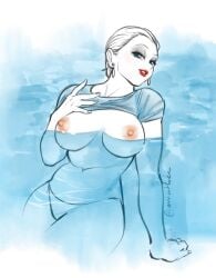 amartbee big_breasts blue_eyes breasts bulma_briefs dragon_ball dragon_ball_z earrings eyeshadow female flashing_breasts lipstick partially_submerged shirt_lift slicked_back_hair thong
