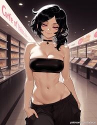 ai_generated ashley_graves balecxi bandeau bare_shoulders black_choker black_hair black_pants cleavage collarbone convenience_store cowboy_shot female groin hands_in_pockets indoors large_breasts looking_at_viewer lowleg midriff navel pink_eyes shop smile solo stomach strapless the_coffin_of_andy_and_leyley tiles tube_top