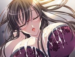 aikawa_arisa black_hair breasts cleavage closed_eyes cum female glasses hadashi_shoujo huge_breasts joi-san_no_iitsuke!! lingerie long_hair open_mouth osanai_utano