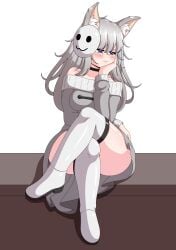 1girls 2d :3 animal_ear_fluff animal_ears black_choker blue_eyes blush boots bored breasts casual choker clothed clothed_breasts clothing colored crossed_legs curvy dress ear_tuft exposed_shoulders exposed_thighs female fluffy_hair gray_clothing gray_hair hand_on_cheek hand_on_chin hand_on_hip hourglass_figure kemonomimi legs_crossed light-skinned_female light_hair light_skin long_hair long_sleeves looking_down mask mask_on_head masked_female medium_breasts necklace original_character shoulders sitting solo solo_female solo_focus stockings sweater sweater_dress thick_thighs thigh_boots thigh_focus thighhighs tired vlack white_legwear wide_hips wolf_ears