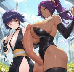 1girls 2girls ai_generated areola_slip areolae balls bangs bare_shoulders black_hair black_leotard bleach bleach:_the_thousand-year_blood_war blush breasts cleavage detached_sleeves erection female flower futa_on_female futa_with_female futanari gloves high_ponytail holding holding_weapon huge_breasts huge_cock intersex large_penis leotard long_hair looking_at_penis medium_breasts multiple_girls penis ponytail purple_hair racerai ribbon shihouin_yoruichi size_difference soifon sui-feng surprised testicles thighhighs thighs uncensored veins veiny_penis weapon yellow_eyes yuri