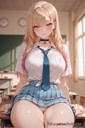 2025 ai_generated anime bangs bead_bracelet black_choker blonde_hair blue_necktie blue_skirt blush bracelet breasts chalkboard choker classroom clock closed_mouth collarbone collared_shirt crossover desk ear_piercing earrings female female female_focus gradient_hair gyaru highres indoors jewelry kitagawa_marin kitagawa_marin large_breasts long_hair looking_at_viewer marin_kitagawa multicolored_hair necktie nsfw panties pantyshot patreon_username piercing pink_nails plaid plaid_skirt pleated_skirt red_eyes rognezart school_uniform shirt short_sleeves sitting skirt smile solo sono_bisque_doll_wa_koi_wo_suru thick_thighs thighs tied_shirt underwear white_panties white_shirt window