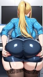 1girls ai_assisted ai_generated ass ass_focus astrawaifu big_ass big_breasts big_butt blonde_hair blue_eyes breasts curvy curvy_female curvy_figure dat_ass female large_breasts mature_female metroid nail_polish office_clothing office_lady red_nails samus_aran thick_thighs