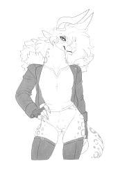 2025 4_ears 4_horns absurd_res anthro bedroom_eyes biped bottomless bottomless_anthro bottomless_female charr claws clothed clothing digital_media_(artwork) eyeshadow fangs felid female female_anthro finger_claws genitals greyscale guild_wars halbean half-closed_eyes hand_on_hip hand_on_own_hip hi_res horn jacket leather leather_clothing leather_jacket leather_topwear legwear looking_at_viewer makeup mammal monochrome multi_ear multi_horn narrowed_eyes portrait pubes pussy seductive simple_background solo teeth thigh_highs three-quarter_portrait topwear white_background