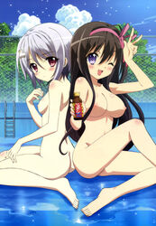 2girls absurdres ass back-to-back barefoot black_hair blush breasts cloud drink feet female female_only fence hair_ornament hair_ribbon hairband hairclip highres large_breasts legs long_hair looking_back multiple_girls nipples nude nude_filter nyantype open_mouth ore_no_nounai_sentakushi_ga_gakuen_love-comedy_wo_senryoku_de_jama_shiteru ore_no_nounai_sentakushi_ga_gakuen_love-comedy_wo_zenryoku_de_jama_shiteru photoshop plant pool purple_eyes pussy red_eyes short_hair silver_hair sitting sky small_breasts smile toes uncensored v very_long_hair wink yukihara_furano yukihira_furano yuuouji_ouka