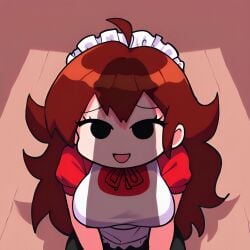 :d ai_generated auburn_hair black_eyes clothed dumb_girl female female female_focus friday_night_funkin girlfriend_(friday_night_funkin) kneeling long_hair looking_at_viewer maid maid_headdress maid_uniform messy_hair open_mouth penis_shadow pixai short short_girl shortstack solo up_close
