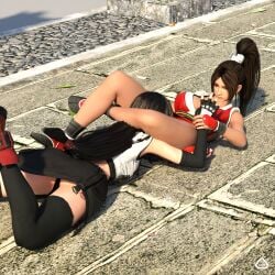 2girls anoral athletic_female breasts catfight crossover fatal_fury female fight fighting final_fantasy final_fantasy_vii japanese_clothes king_of_fighters leg_lock long_hair mai_shiranui sports_bra tank_top wrestling yuri