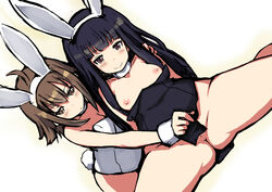 animal_ears bangs bare_legs black_hair blunt_bangs blush breasts brown_eyes brown_hair bunny_ears bunny_tail bunnysuit collar dutch_angle hairband itou_ryuusei leotard long_hair nipples original pussy pussy_peek smile spread_legs tail unbuttoned uncensored