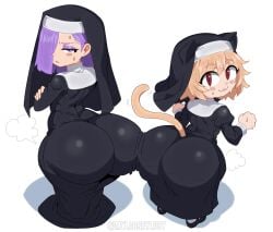 :3 ass ass_focus ass_press big_ass blush cat_ears cat_tail duo duo_female duolingo lily_(duolingo) mylooseylucy neco-arc nun nun_outfit purple_eyeshadow purple_hair red_eyes steam sweat sweating sweaty type-moon white_background