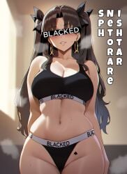 ai_generated blacked blacked_clothing breasts censor_bar censored_eyes fate/stay_night ishtar_(fate) long_hair midriff navel qos qos_tattoo queen_of_spades spade_tattoo sports_bra thighs