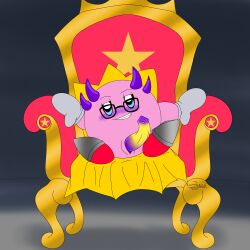 1:1 absurd_res alternate_universe animal_genitalia black_eyes blue_eyes cape chair clothing discord_(app) erection eyewear flared_penis flat_colors footwear full-length_portrait furniture genital_slit genitals glasses gloves grin handwear hi_res horn kirby kirby_(series) looking_at_viewer male nintendo penis pink_body pink_skin portrait seductive shoes sitting smile solo tapering_penis teeth telegram throne waddling_head zer0rebel4