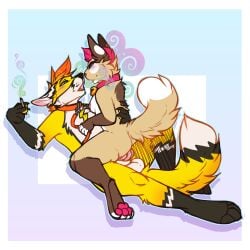 1:1 alienpoosy anthro canid canine collar drugs duo felid feline female fox hi_res leash male male/female mammal marijuana minmin sex stoned substance_intoxication thunder_fox yellow_body