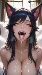 2025 after_fellatio after_oral ahri ai ai_assisted ai_generated anime anime_style artist_name black_hair breasts cum cum_in_mouth dreamyan_ai fox_ears fox_girl fox_tail hi_res high_quality high_resolution highres league_of_legends open_mouth patreon slit_pupils thick_ass thick_thighs thighs tongue tongue_out uncensored white_body white_skin yellow_eyes