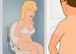 ai_assisted ai_generated blonde_female blonde_hair blonde_pubic_hair bottomless_female brown_hair_male caught_in_the_act caught_off_guard female hank_hill king_of_the_hill luanne_platter shirtless_male sitting_on_toilet toilet toilet_use walking_in_on white_bra