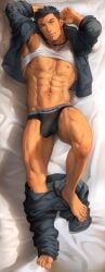1boy abs absurd_res armpit_hair armpits arms_up balls_under_clothes bara barefoot beard_stubble bed beefy big_areola big_bulge big_hands black_eyes black_hair briefs bulge bulge_through_clothing chest_hair clothes_lift daddy dakimakura dakimakura_design dilf earrings feet frown gay genital_outline hands_behind_head happy_trail hi_res hunk jacket jacket_open leg_hair legs_apart long_image looking_at_viewer lying lying_on_back lying_on_bed male male_only manly mature_male mondi_xxx muscles muscular muscular_legs muscular_male muscular_thighs navel necklace original original_character pants_down pecs pillow quadriceps range_(mondi_xxx) shadow short_hair sideburns six_pack smile solo sweat sweatdrop sweating sweaty tanktop thick_eyebrows toenails toes tough_guy underwear very_high_resolution yaoi
