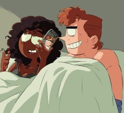 adult adults afro after_sex aged_up anthony_wells bed black_woman boxers bra brown_skin caramelpopcoms2 caught cleavage curly_hair devin_dimmadome english english_text female funny gap_teeth ginger ginger_hair ginger_male hazel_wells humor implied_nudity interracial male male/female morning_after nervous nervous_expression nervous_smile nervous_sweat on_phone on_the_phone phone sweatdrop sweating the_fairly_oddparents:_a_new_wish twirling_hair unaware under_blanket under_covers under_sheets video_call white_male
