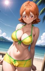sora_takenouchi digimon digimon_adventure digimon_adventure_tri. rena_aikawa_(pixiv_user) ai_generated stable_diffusion ai-created pixiv two-tone_bikini green_trim 1girl breasts solo outdoors swimsuit bikini navel large_breasts beach orange_hair short_hair looking_at_viewer cleavage smile cameltoe shorts blush sky red_eyes ocean collarbone day closed_mouth yellow_shorts blue_sky cloud sweat stomach bikini_shorts thigh_gap yellow_bikini halterneck tree sun hair_between_eyes cowboy_shot palm_tree standing short_shorts bare_shoulders front-tie_top wet water front-tie_bikini_top bare_arms nervous_smile dutch_angle groin shore sunlight horizon thighs
