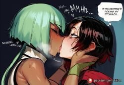 2girls against_wall ai_generated artist_name bare_shoulders black_hair blush closed_eyes dark-skinned_female dark_skin emerald_sustrai english_text french_kiss from_side gradient_hair green_hair heart heavy_breathing interracial kissing multicolored_hair multiple_girls patreon_logo patreon_username red_hair ruby_rose rwby saliva short_hair short_hair_with_long_locks speech_bubble sweat thought_bubble tillian tongue tongue_out upper_body web_address yuri