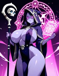 ai_generated big_breasts black_hair breasts dark_hair glowing_eyes large_breasts magic magical_girl no_panties pink_eyes purple_skin robe skull staff witch
