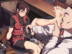 barefoot bike_shorts blue_eyes blush brown_hair censored chief_irons claire_redfield clenched_teeth cum cum_on_clothes feet female firearm foot_fetish foot_lick forced gun gunpoint handgun handjob human licking maku_(l-u) male ponytail resident_evil sex_or_death soles straight tied_hair toes weapon